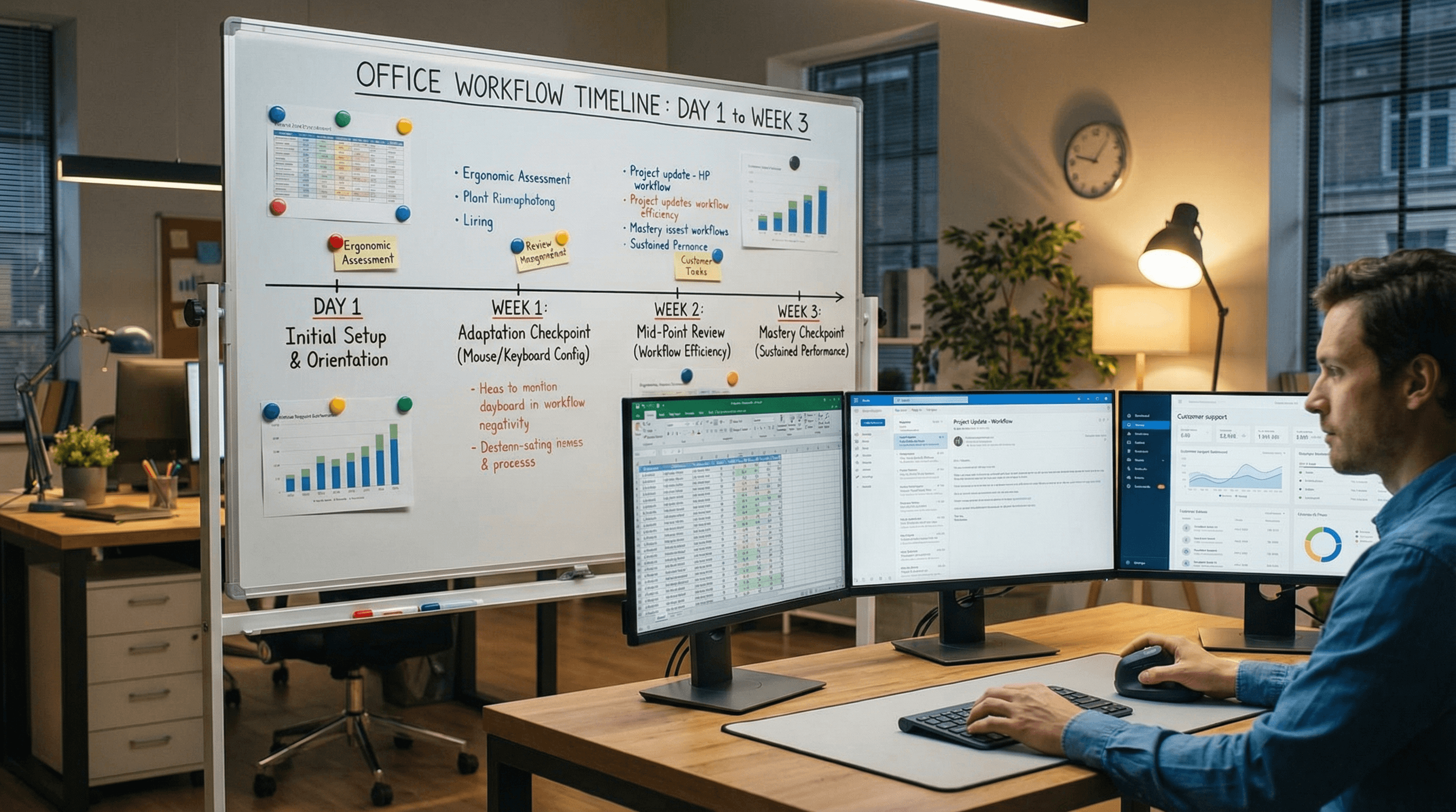 Office adaptation timeline board from day one to week three for ergonomic mouse testing