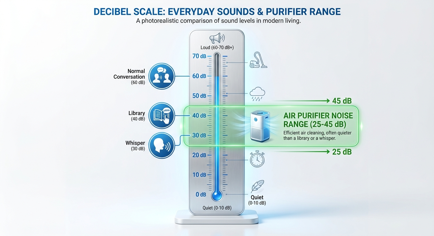 Air purifier noise level decibel comparison infographic