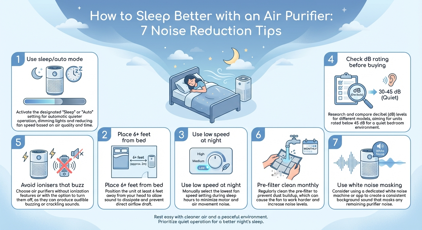7 tips for quieter air purifier use at night infographic