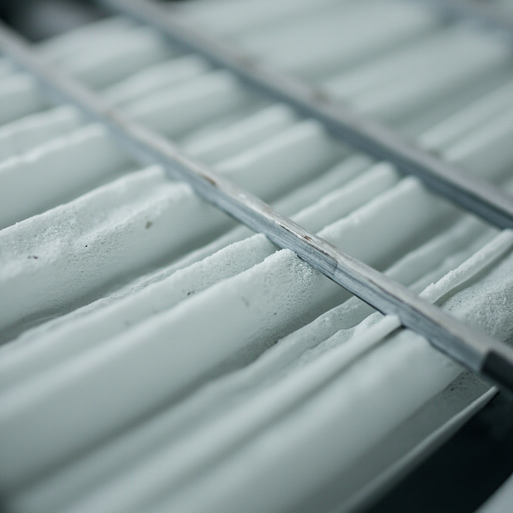 Close-up of HEPA filter pleated media inside an air purifier showing the dense filtration structure