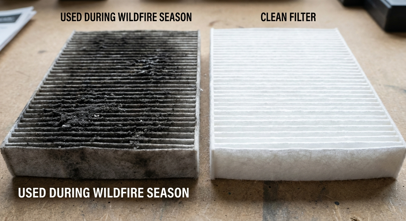 HEPA filter before and after wildfire season showing smoke particle buildup