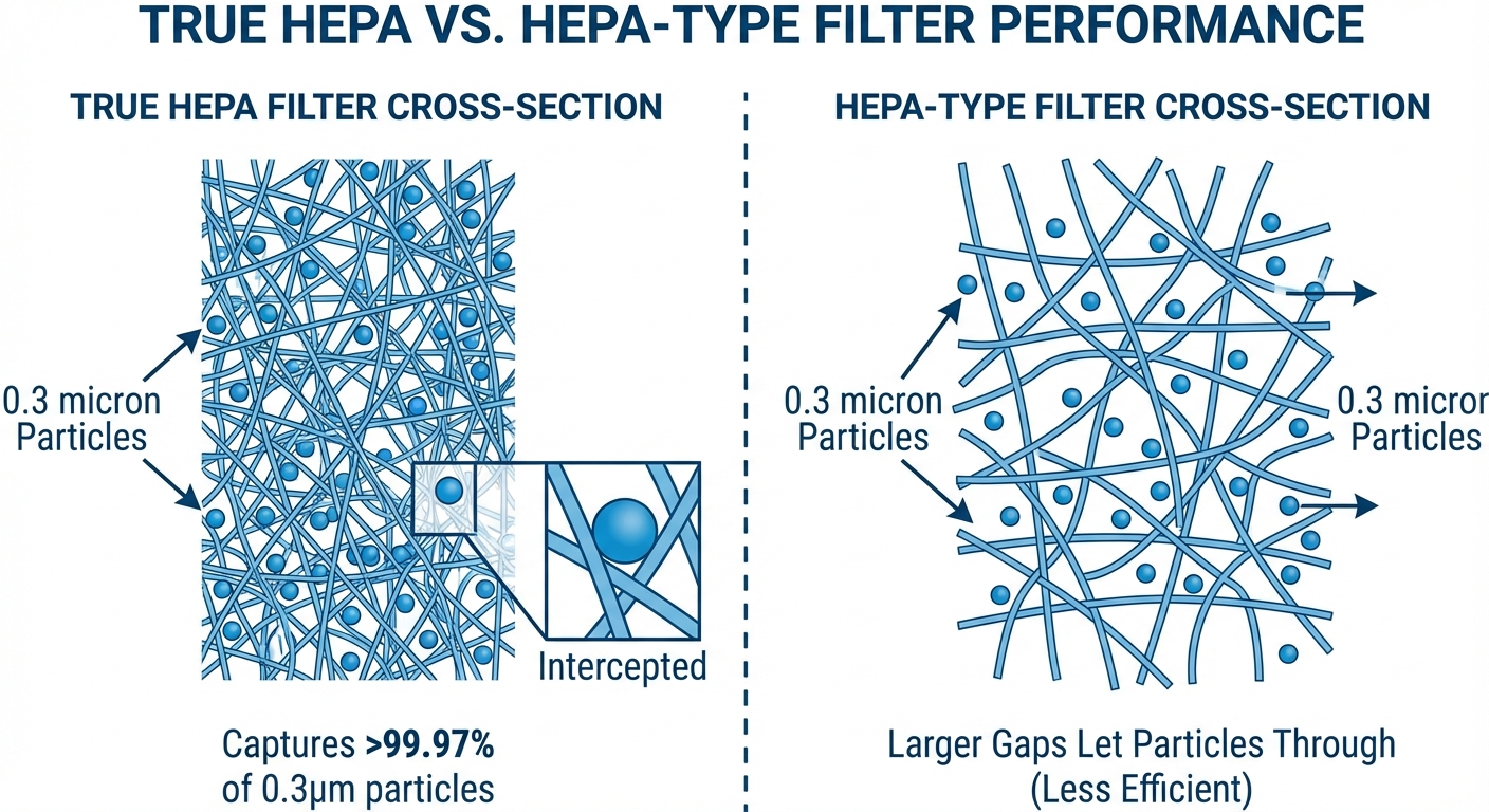 Particle size comparison chart showing HEPA filter capture range