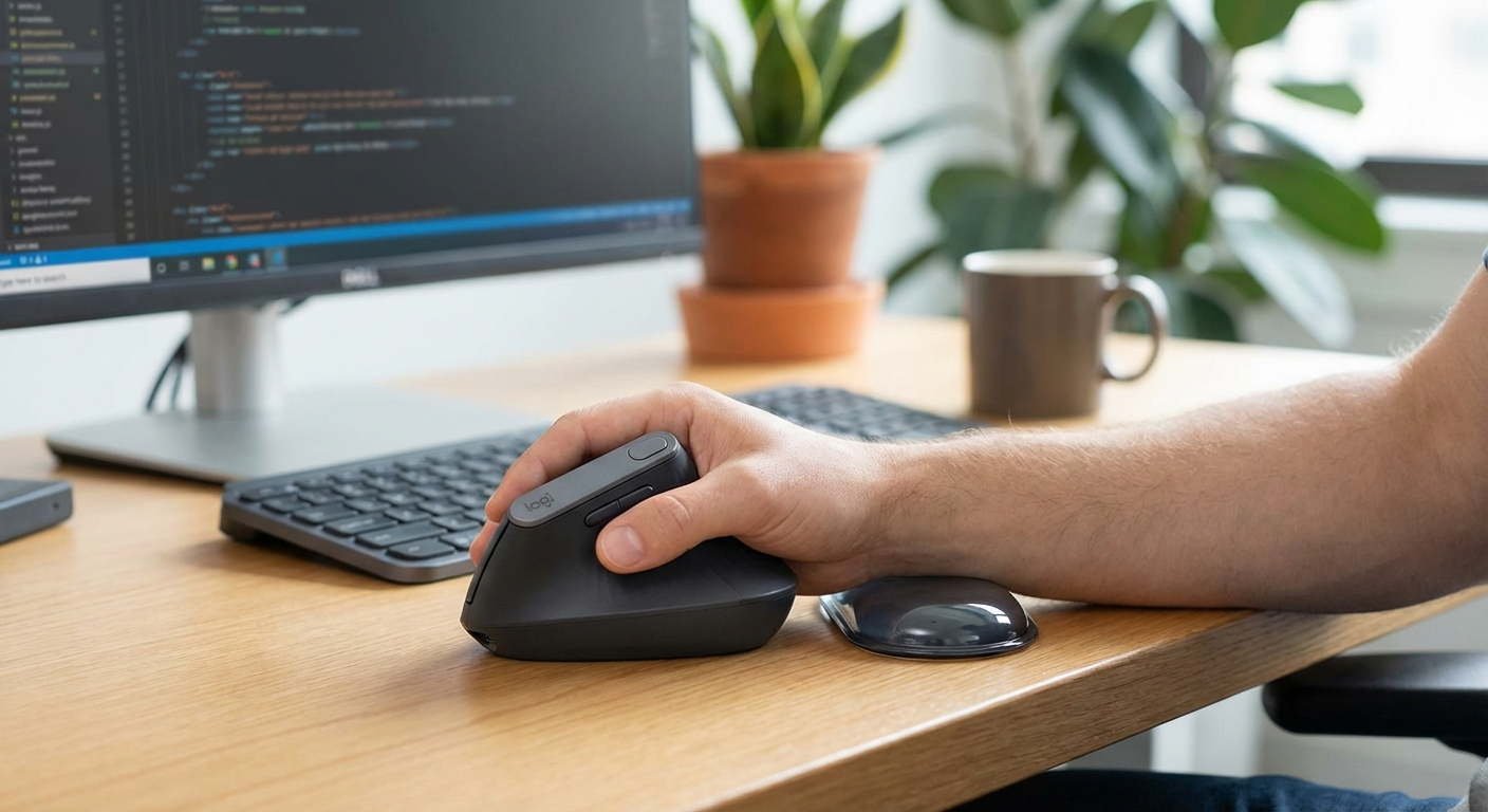Logitech MX Vertical ergonomic mouse in handshake grip at desk