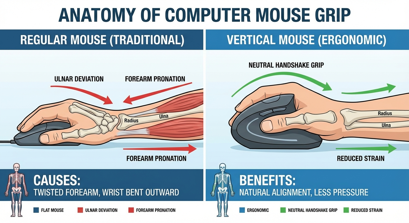 Medical diagram showing ulnar deviation and forearm pronation from regular mouse versus neutral handshake grip from vertical mouse