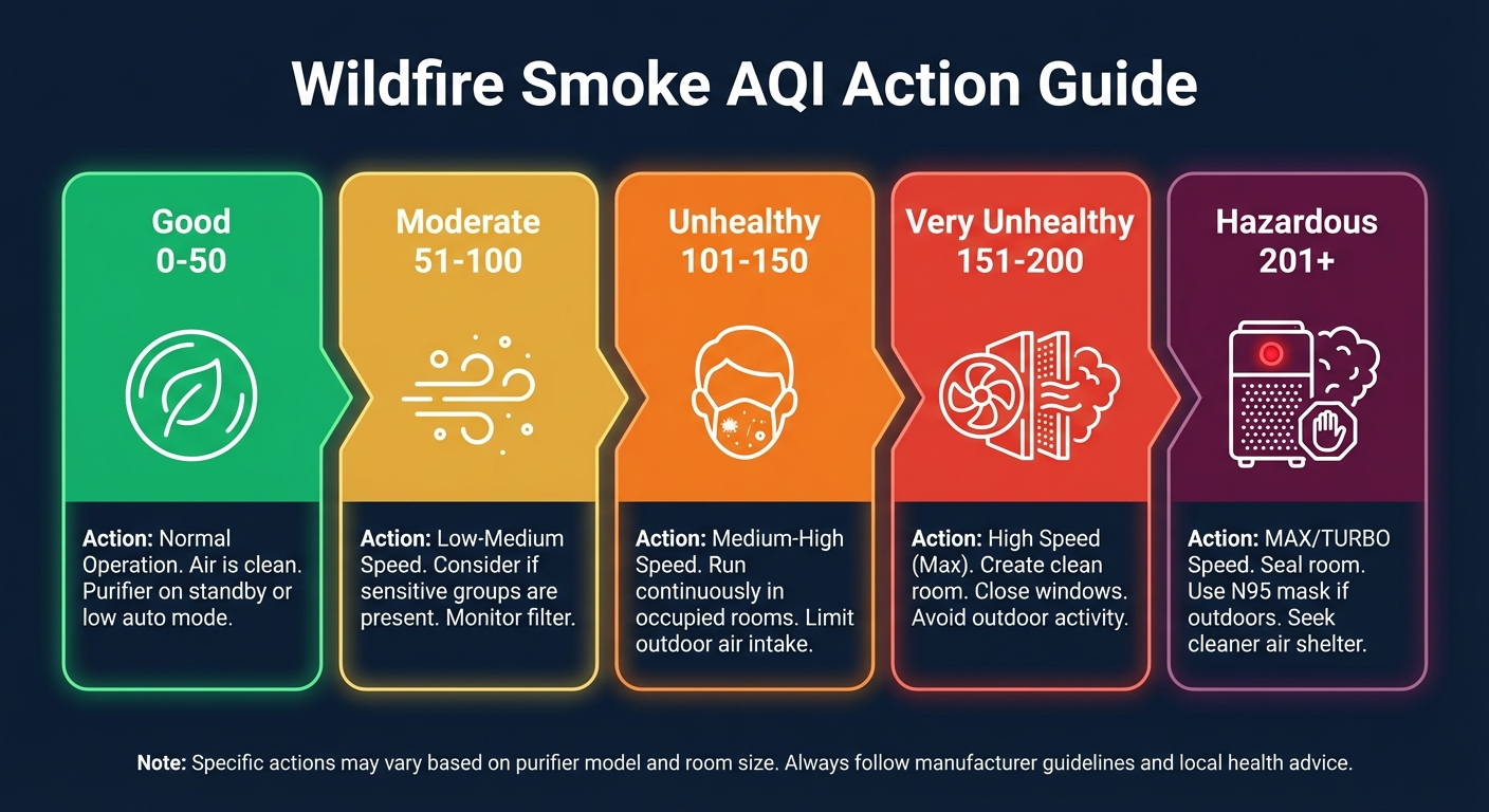 Infographic showing AQI levels for wildfire smoke and recommended air purifier settings at each level