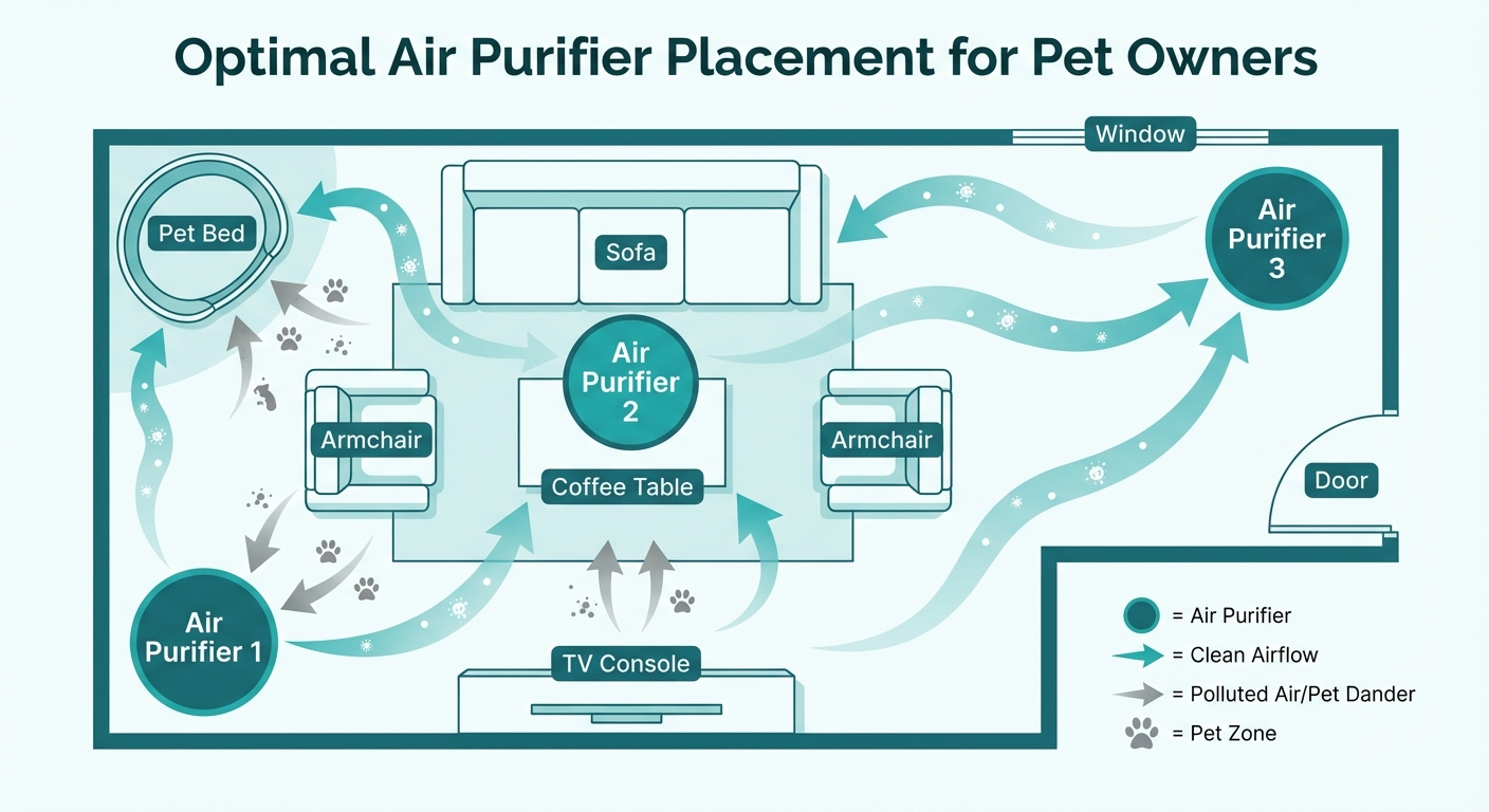 Diagram showing optimal air purifier placement in a room with pets