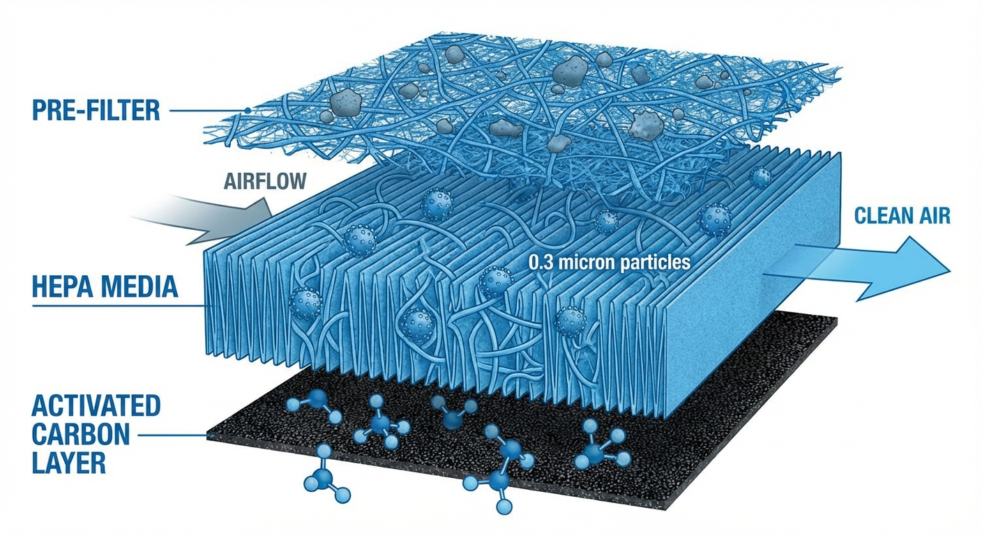 HEPA filter cross-section showing virus and particle capture layers at 0.3 microns