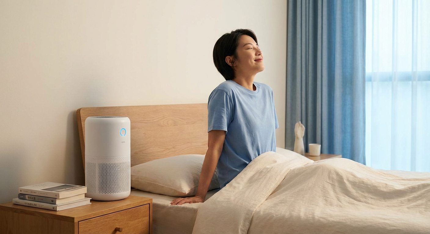Bedroom air purifier setup for asthma trigger reduction.
