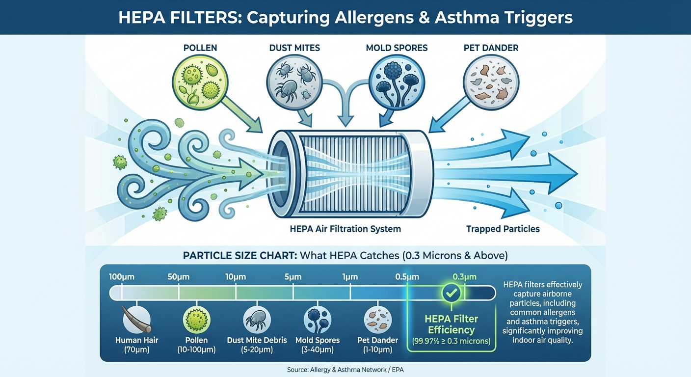 HEPA filtration infographic explaining particle capture relevant to asthma triggers.