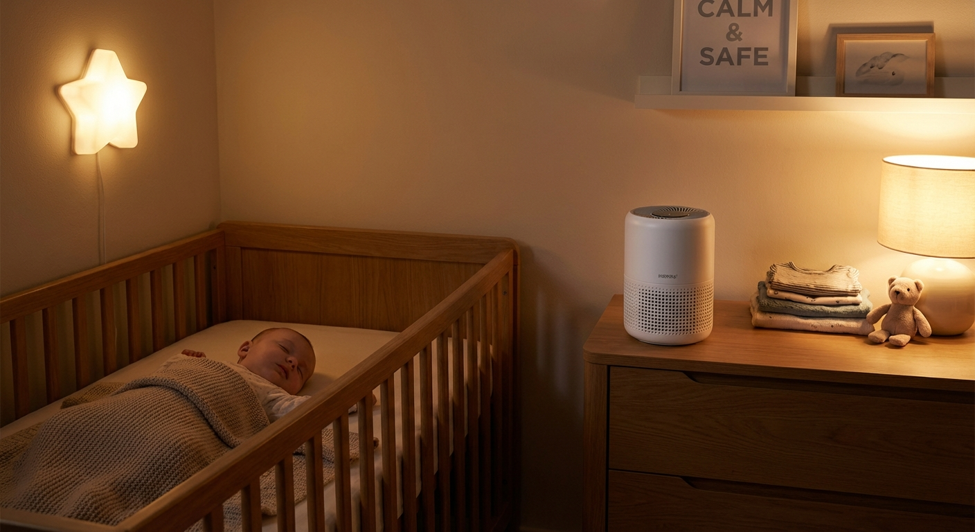 Nursery-safe air purifier in a baby room setup.