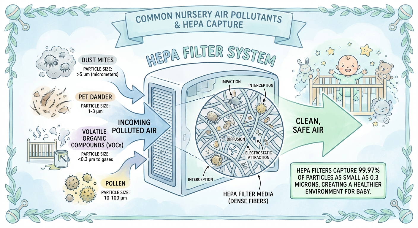 Nursery air quality infographic covering placement, cord safety, and sleep-friendly setup.